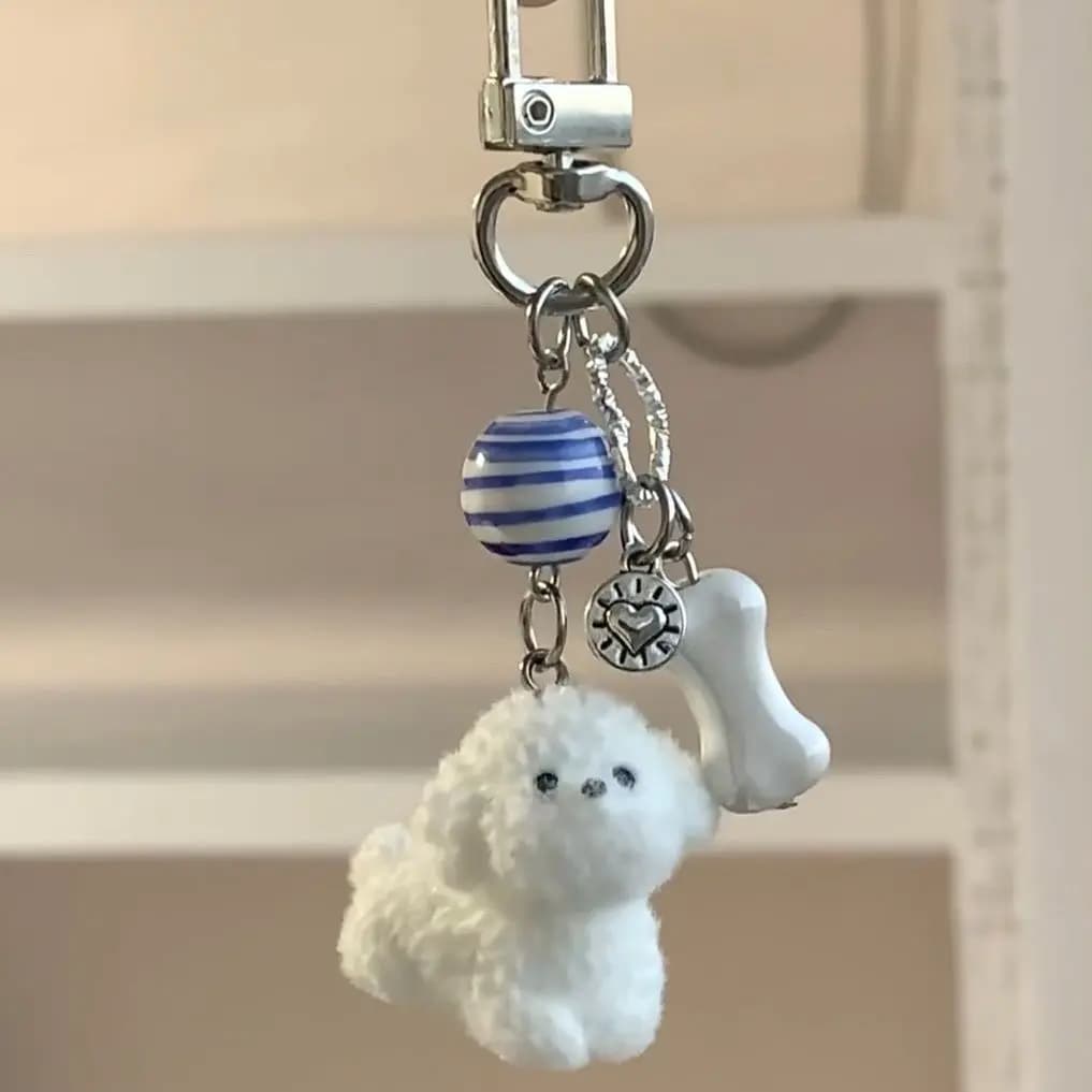 Bone Dog Resin Flocked Cartoon Dog Keyring Keychain 3D Cute Bag Charm Couple Gift